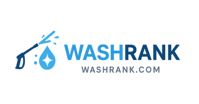 Logo for WashRank: a blue pressure washer spraying water over a stylized blue water droplet; the company name in blue text