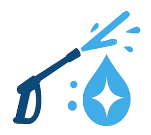 Blue pressure washer spraying water onto a sparkling water droplet.