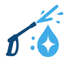 Blue pressure washer spraying water onto a sparkling water droplet.