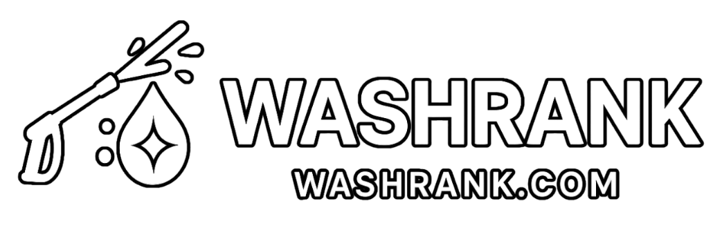 Logo for WashRank: a pressure washer spraying water with a droplet and a diamond inside; text 