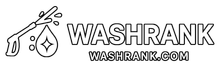 Logo for WashRank: a pressure washer spraying water with a droplet and a diamond inside; text 