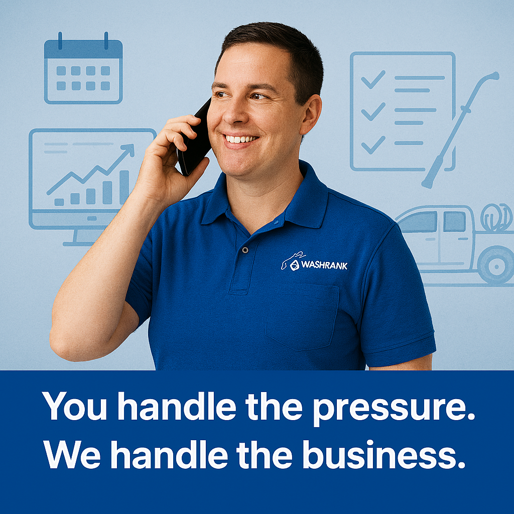 Man in blue polo shirt on phone. Text: