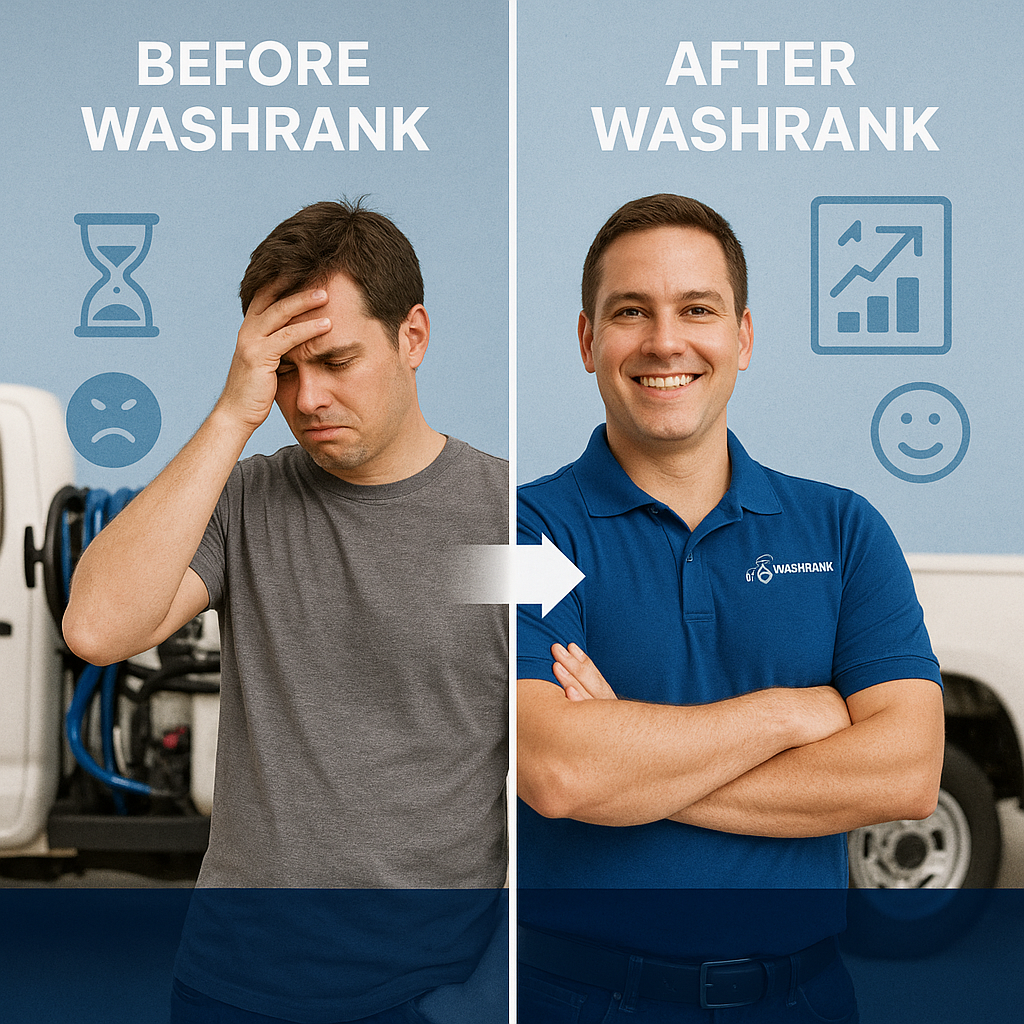 Before-and-after: A stressed man transforms into a smiling man after using Washrank. Icons show wasted time versus growth