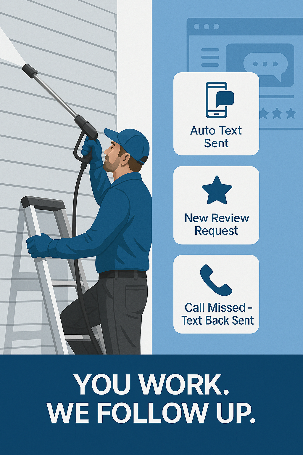 A worker pressure washes a house. Icons indicate automated text, review requests, and missed call follow-ups;