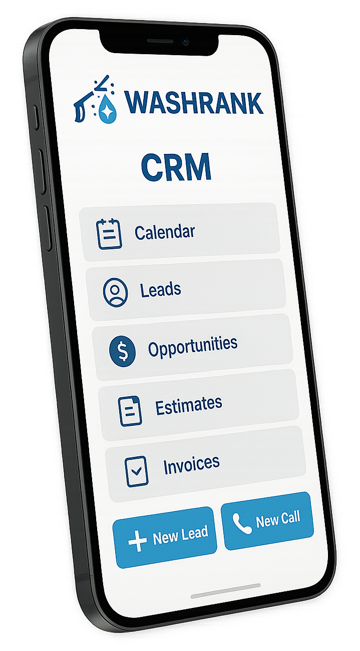 A smartphone displaying the Washrank CRM app interface with options for calendar,