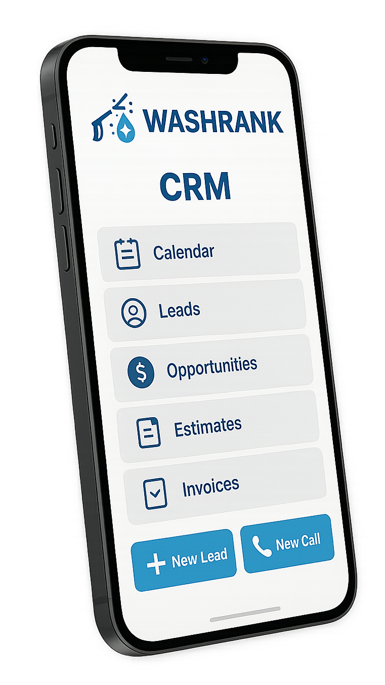 A smartphone displaying the WashRank CRM app. 
