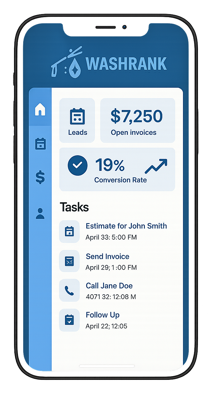 Mobile app displaying car wash business data: gross invoice amount $7,250, 19% conversion rate, and tasks.