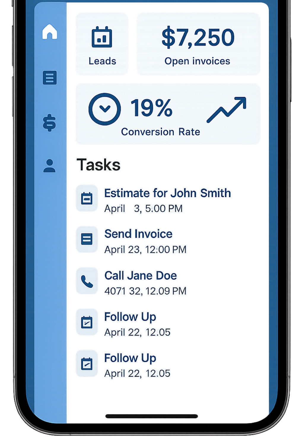 Mobile app interface with a blue and white color scheme displaying sales data, including leads,