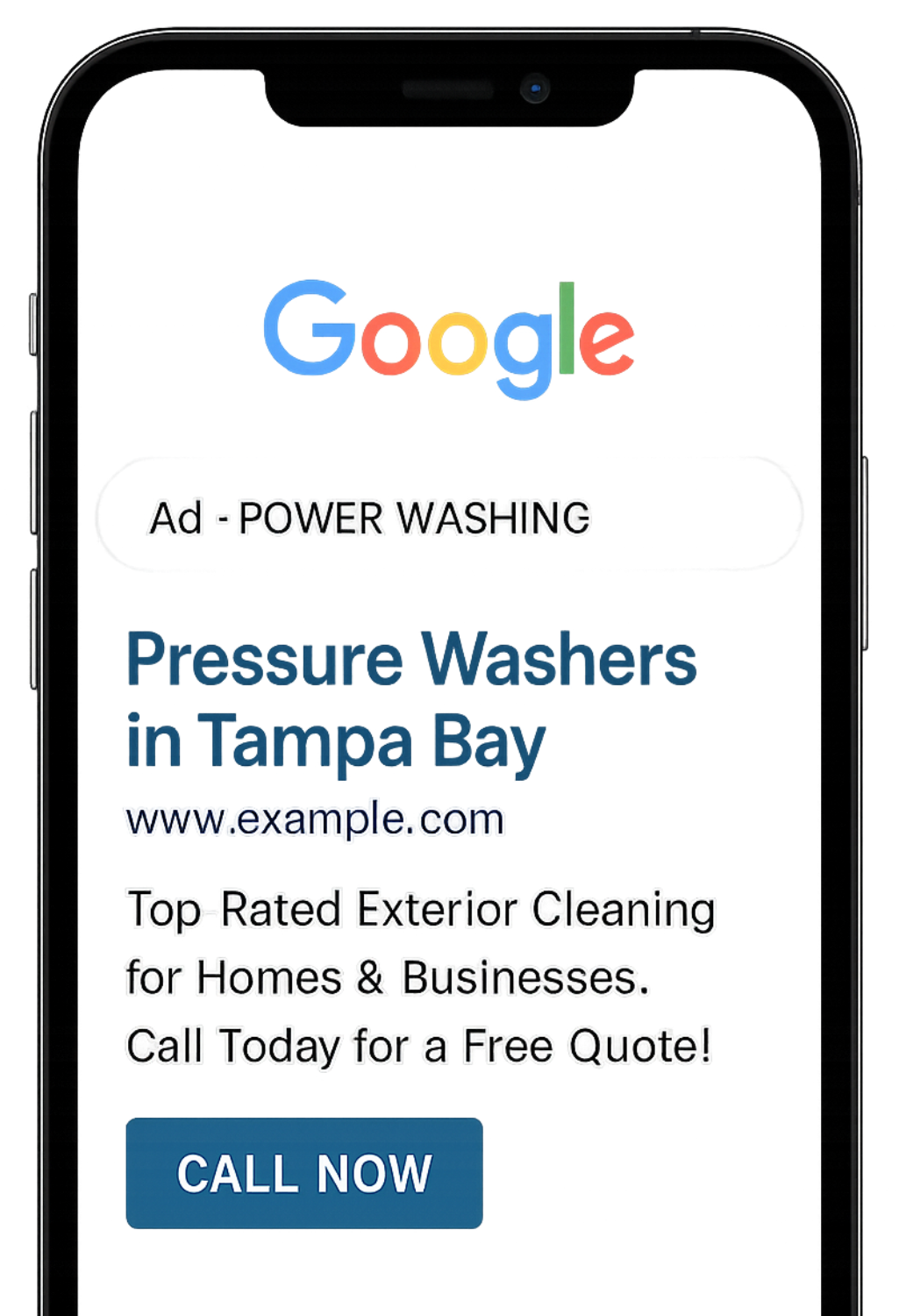Mobile phone screen displaying a Google ad for pressure washing services in Tampa Bay, featuring a
