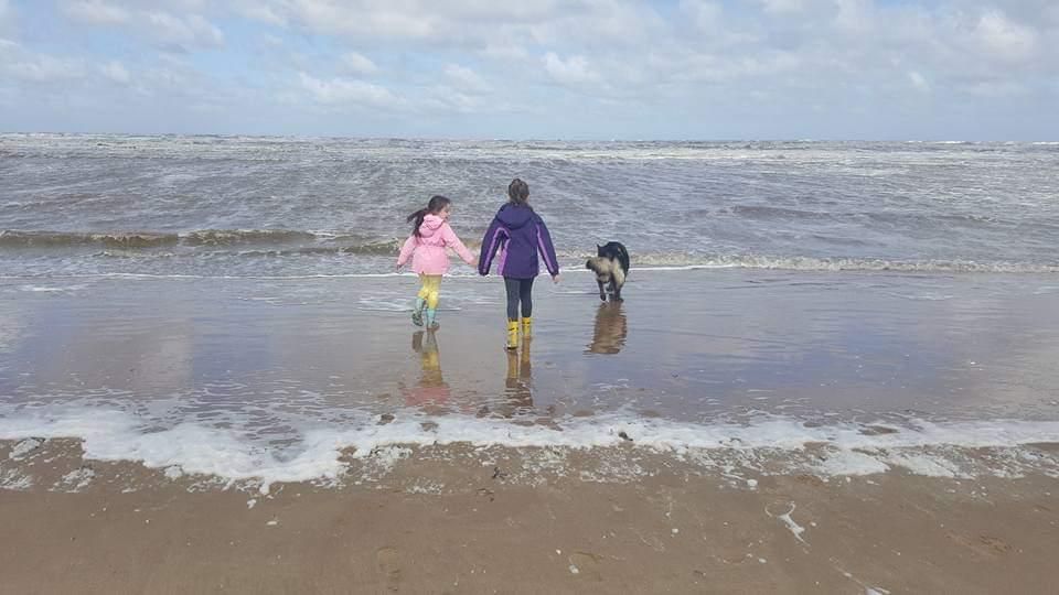 Two children and a dog walk on a wet beach. Blue-gray water, cloudy sky.