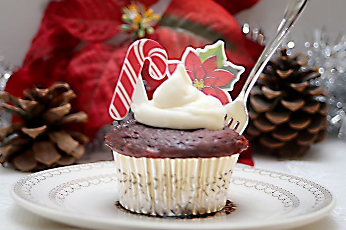 a cupcake with white frosting and a candy cane on top