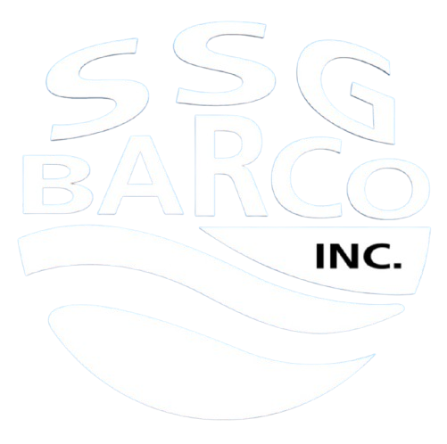 SSG Barco Inc. logo in white outline with wavy design elements, the word 