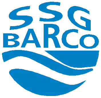 Blue logo for SSG BARCO with curved wave design.
