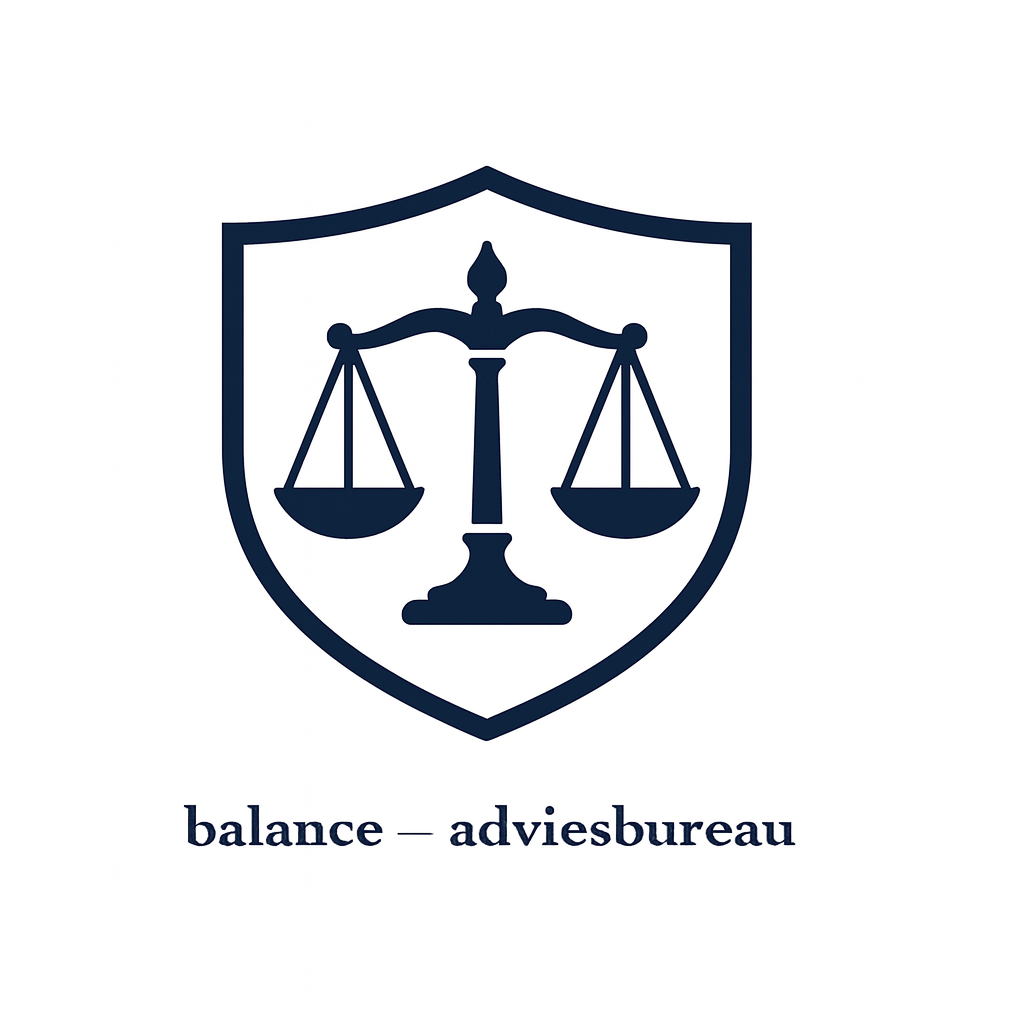 Logo met het symbool van de weegschaal van rechtvaardigheid en de tekst