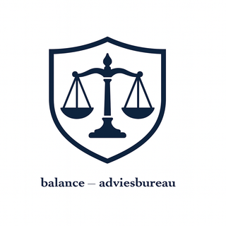 Logo met het symbool van de weegschaal van rechtvaardigheid en de tekst