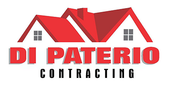 the logo for di paterio contracting shows a house with two red roofs .