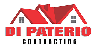 the logo for di paterio contracting shows a house with two red roofs .