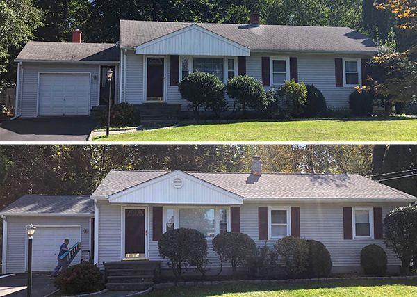 a before and after photo of a house with a black roof