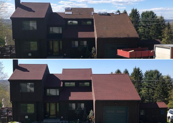 a before and after picture of a house with a red roof .