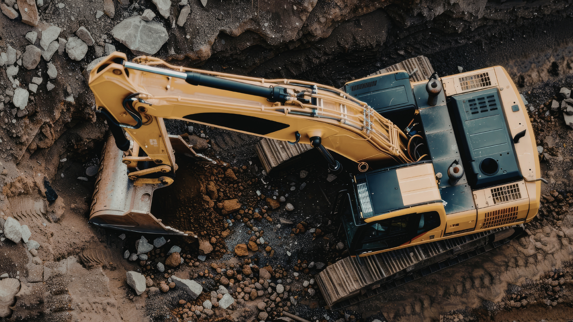Yellow excavator digging in a rocky construction site, viewed from above.