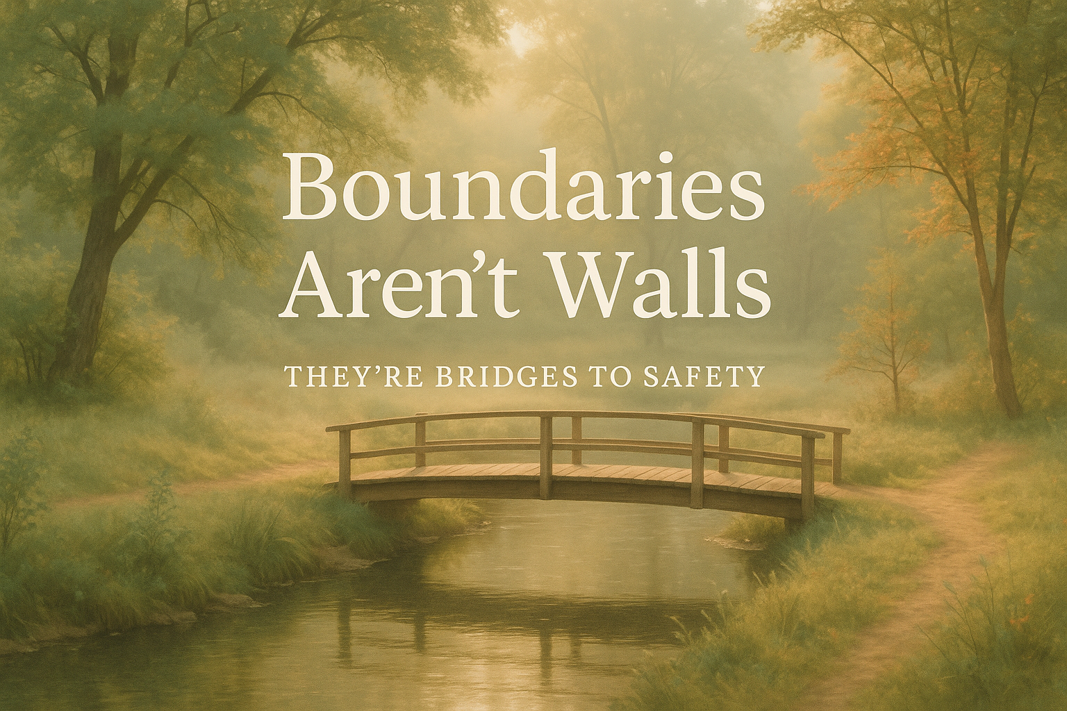 A painting of a bridge over a river with the words boundaries aren 't walls 