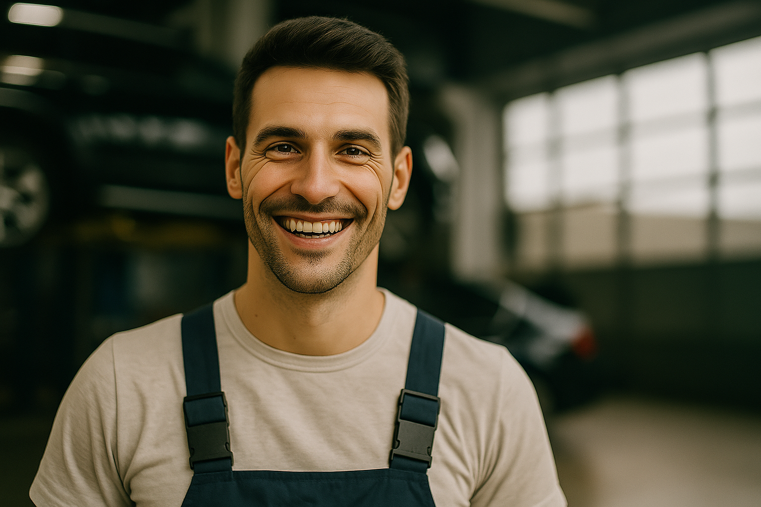 Smiling man in overalls standing in a bright, calm workspace evoking grounded confidence and gentle.