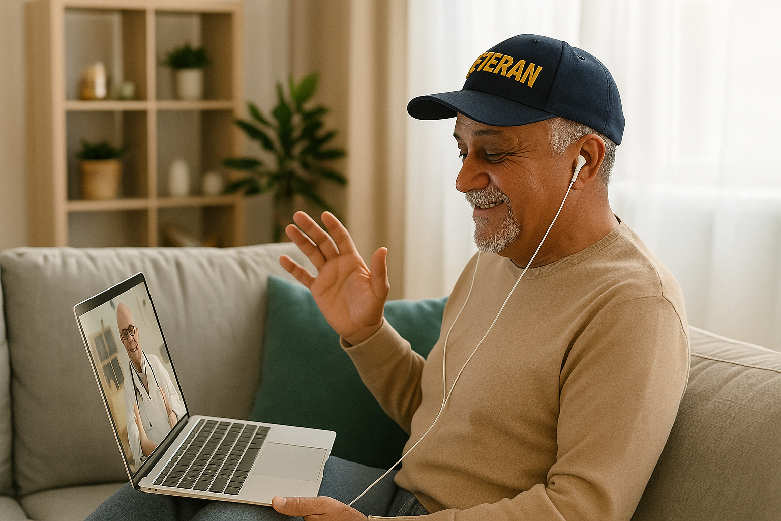 Veteran receiving online therapy from a veteran-owned practice, safe and trauma-informed