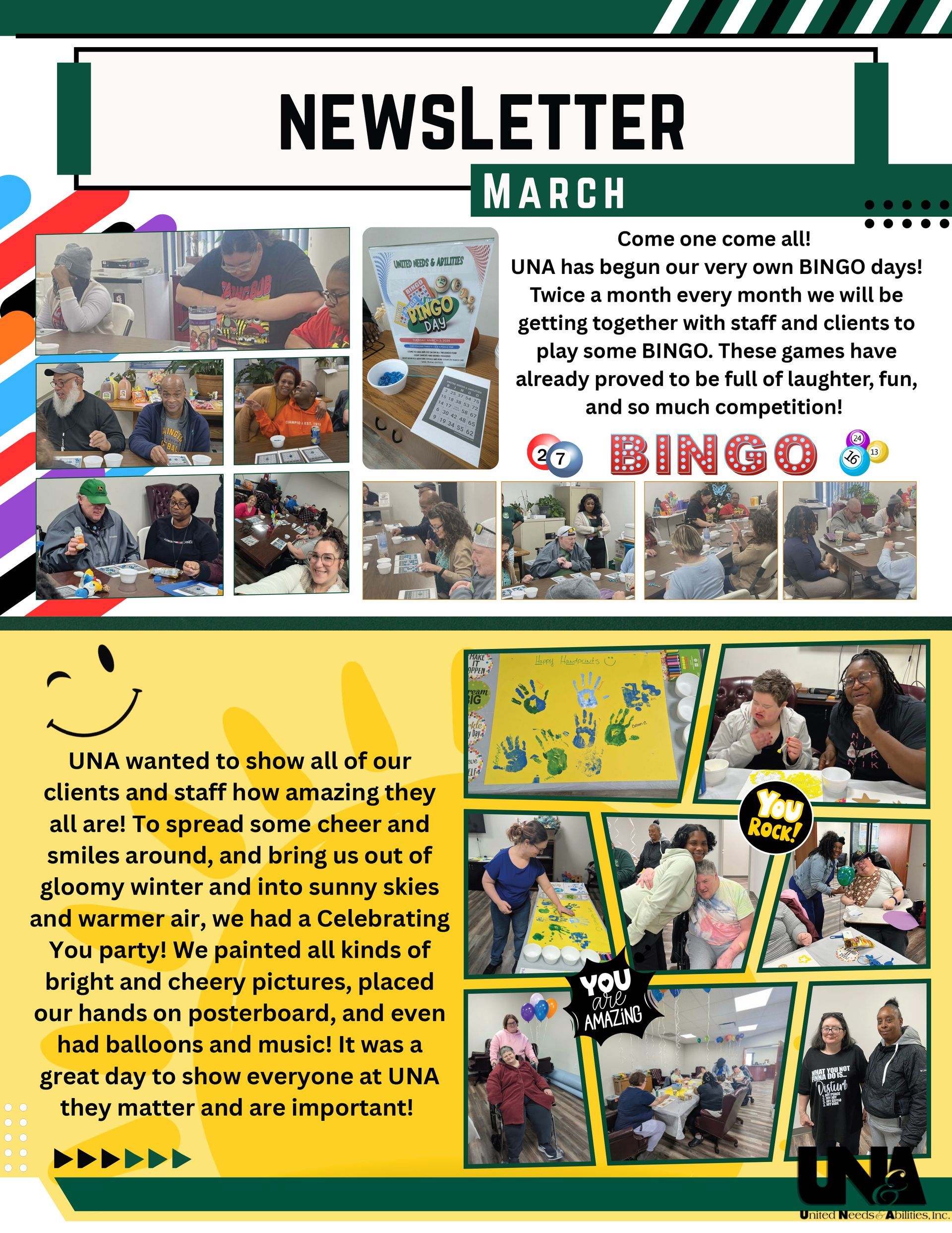 Newsletter-style graphic titled ‘March 2026 UNA Newsletter’ with multiple panels highlighting university news, events, and updates. Includes photos of students and campus activities, section headings, and informational text arranged in a multi-column layout.