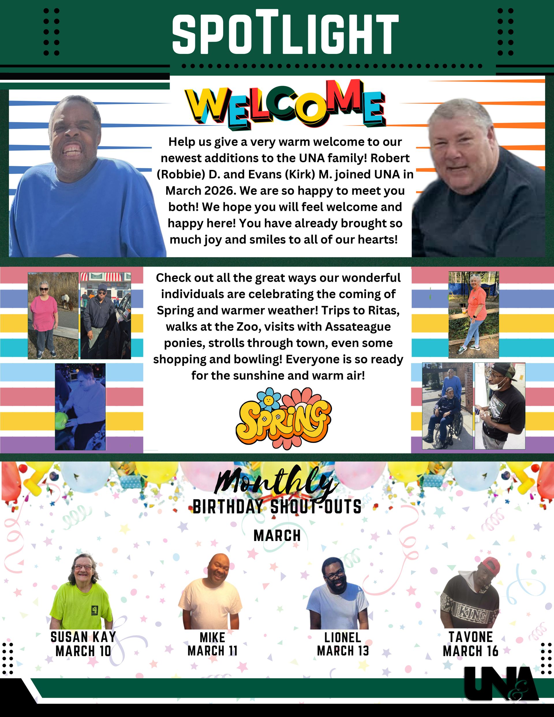 Second page of the ‘March 2026 UNA Newsletter’ featuring a multi-section layout with headings, images, and text highlighting university updates, events, student achievements, and announcements. Includes photos of campus life and informational panels organized in columns.