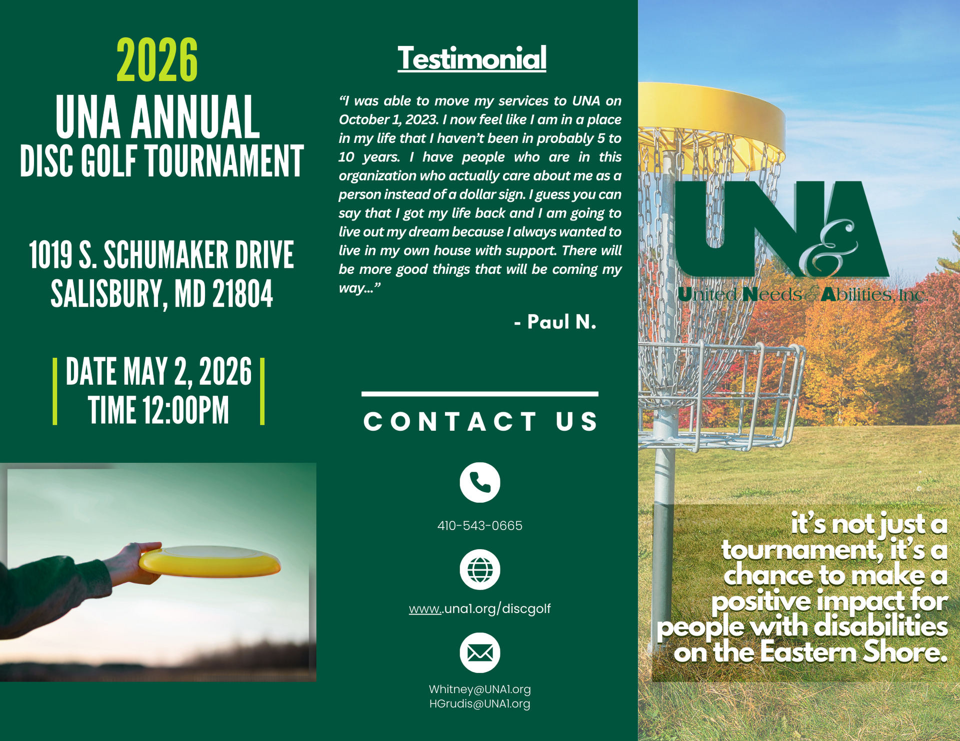 UNA Third Annual Disc Golf Tournament flyer – May 2, 2026
