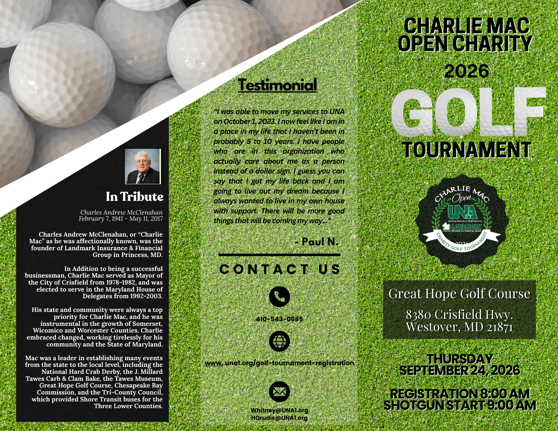 UNA 2026 Charlie Mac Open Charity Golf Tournament flyer