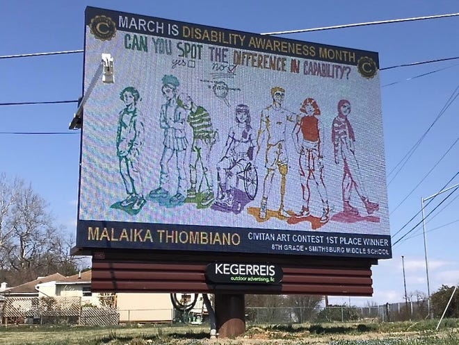 Malaika Thiombiano, an eighth-grader at Smithsburg Middle School, is the artist of the billboard that is displayed at Dual Highway and Beaver Creek Road, towards Boonsboro. Malaika won the Tri-State Civitan of Hagerstown poster contest.