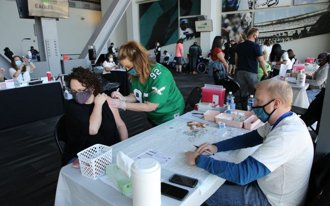 More than 1,000 people received COVID-19 vaccines at a clinic for those with autism, their families and caretakers that was hosted by the Eagles Autism Foundation and Divine Providence Village at Lincoln Financial Field in Philadelphia in March. (Hunter Martin/Philadelphia Eagles)