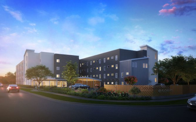 A rendering shows the forthcoming Espero Austin at Rutland apartment complex, which will offer housing for people with developmental disabilities and others. (CVS Health)