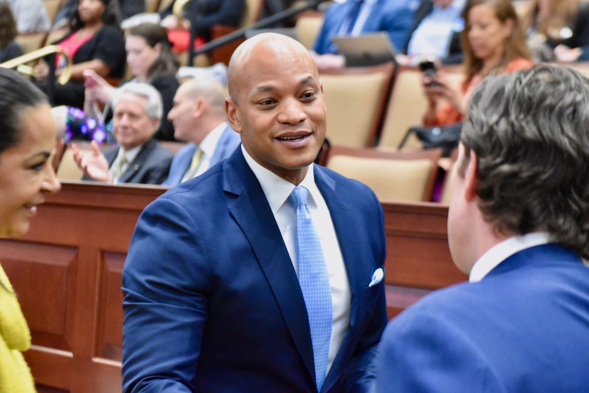 Gov. Wes Moore (D) during a hearing last month.(Photo by Bryan P. Sears/Maryland Matters)