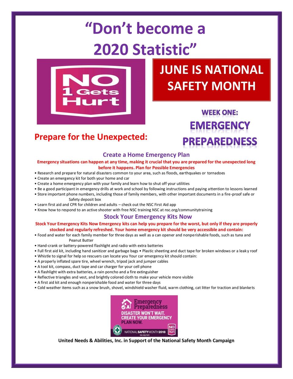 June is National Safety Month: Week One (Emergency Preparedness) graphic