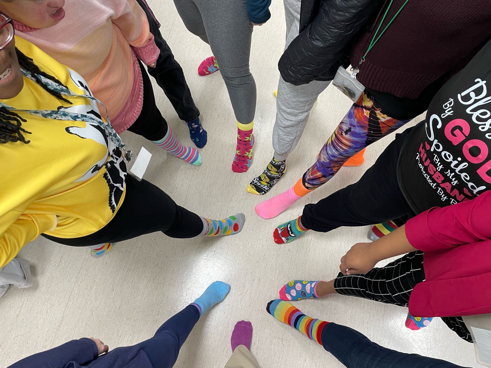 Photo of colorful socks from our  
2024 World Down Syndrome Day celebration.