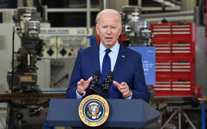 President Joe Biden speaks on the economy at Cuyahoga Community College Manufacturing Technology Center on May 27 in Cleveland. (Nicholas Kamm/AFP/Getty Images/TNS)