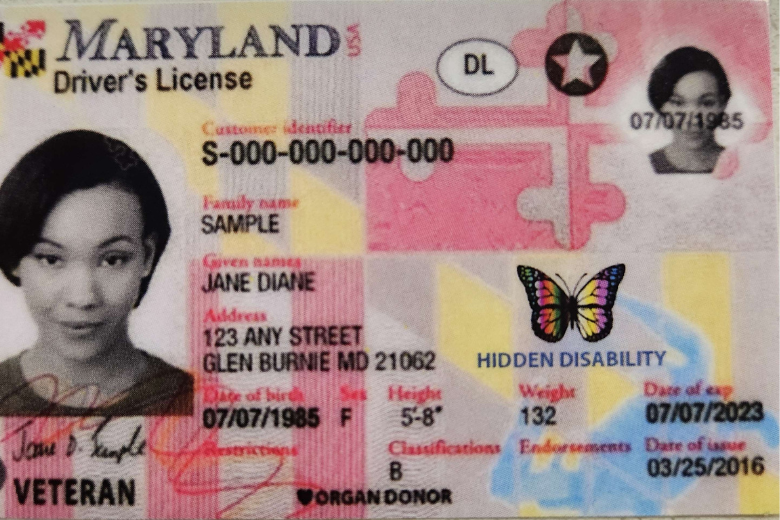 A sample of a Maryland driver’s license with a butterfly that represents the hidden disability logo.