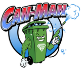 A cartoon illustration of a green trash can holding a high pressure washer