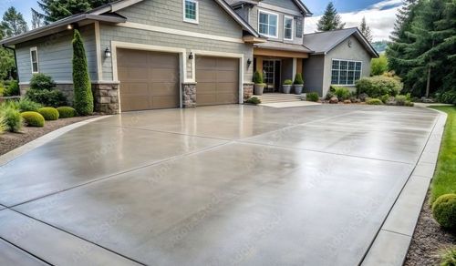 A large house with a concrete driveway in front of it.