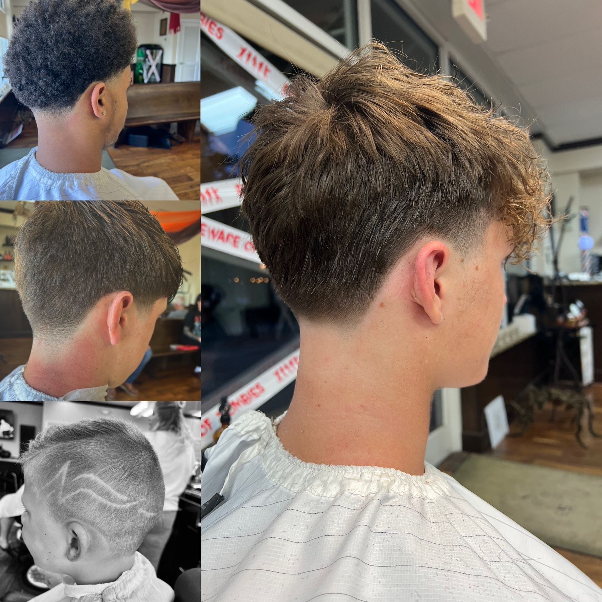 Men's haircuts: a fade with different styles, including textured top and etched design, done in a barbershop.