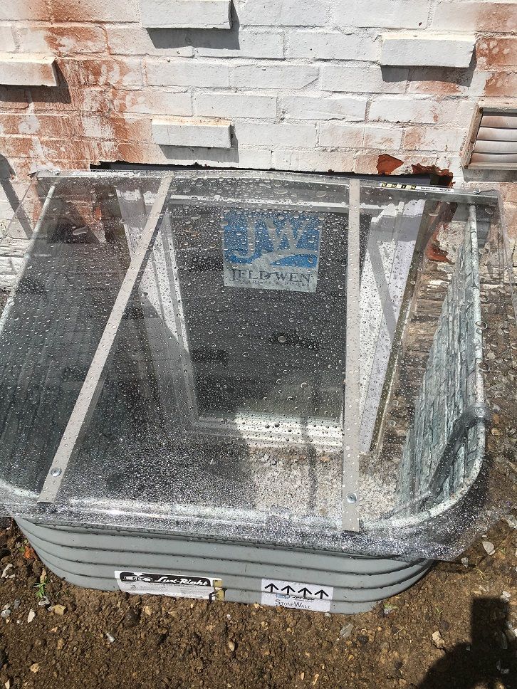 Window well with clear cover against a brick wall. The cover has droplets.