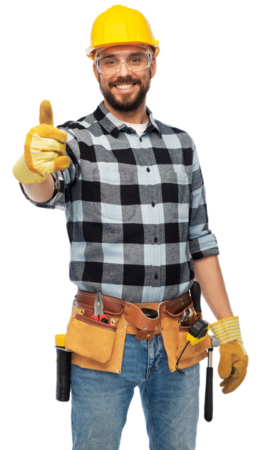 Construction worker with safety gear giving a thumbs-up.