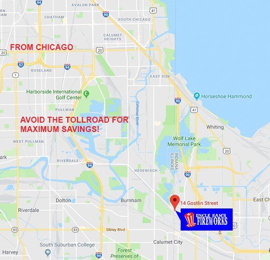 Map From Chicago to Uncle Sam's Fireworks