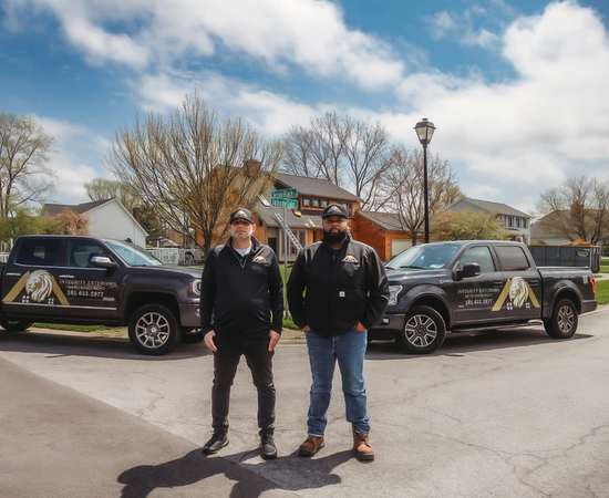 Two men are standing in front of two trucks on a street.
