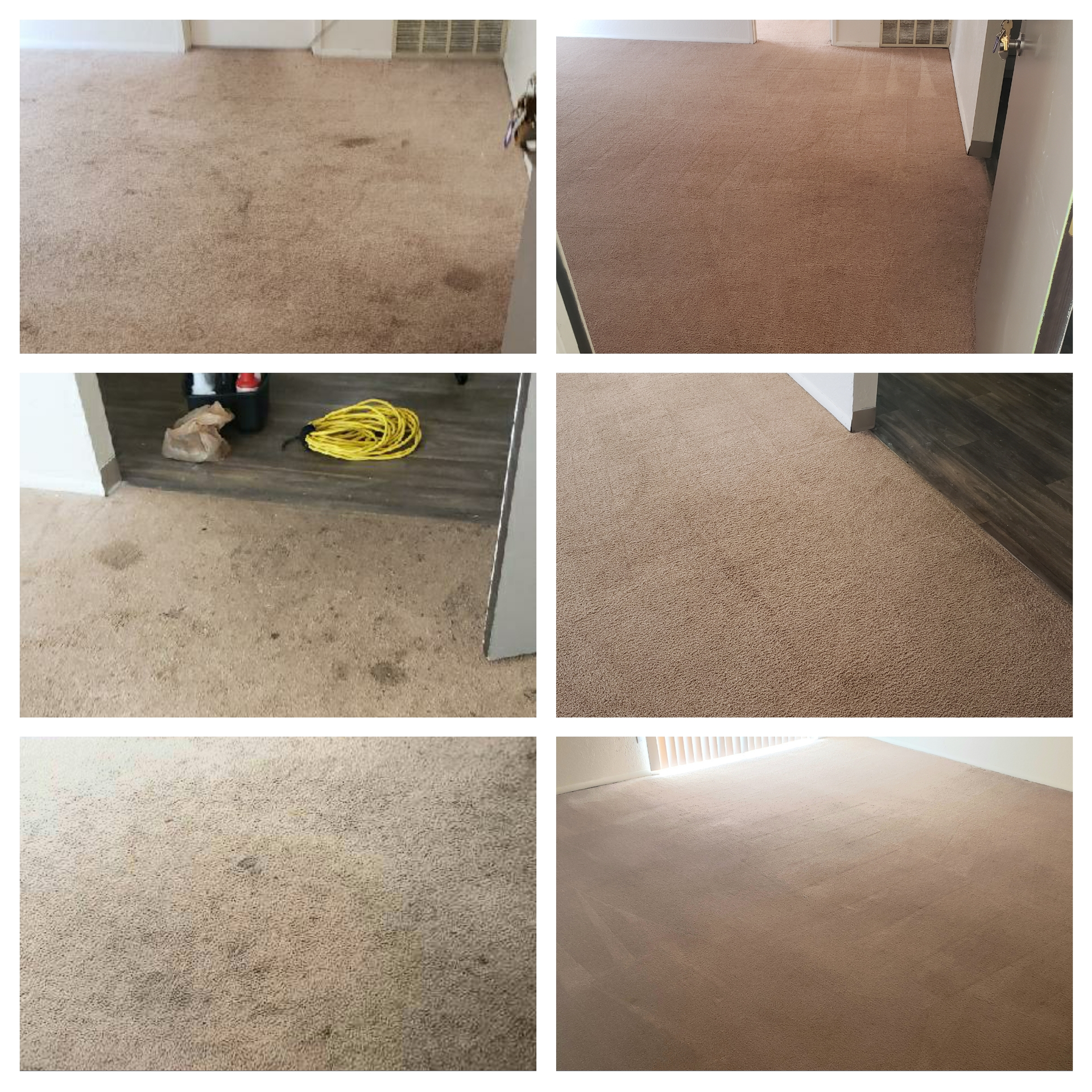 A collage of pictures of a carpet before and after being cleaned.