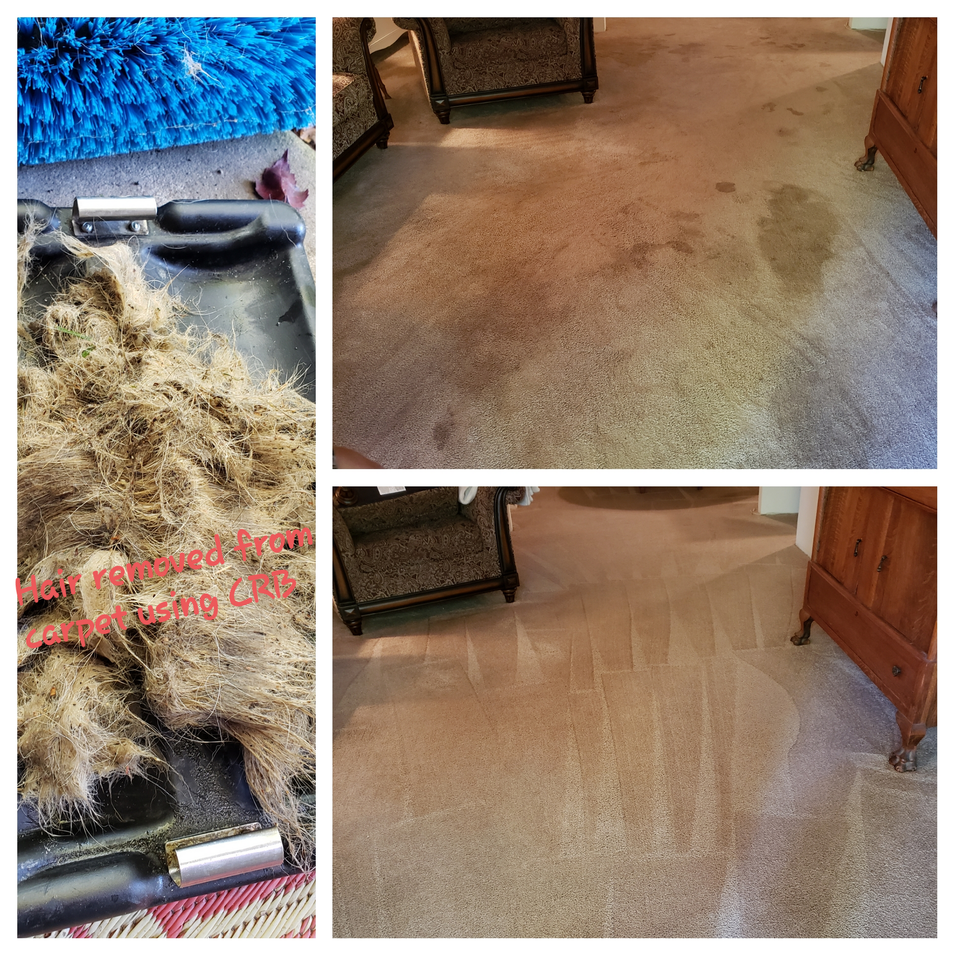 A collage of three pictures of a carpet before and after being cleaned.