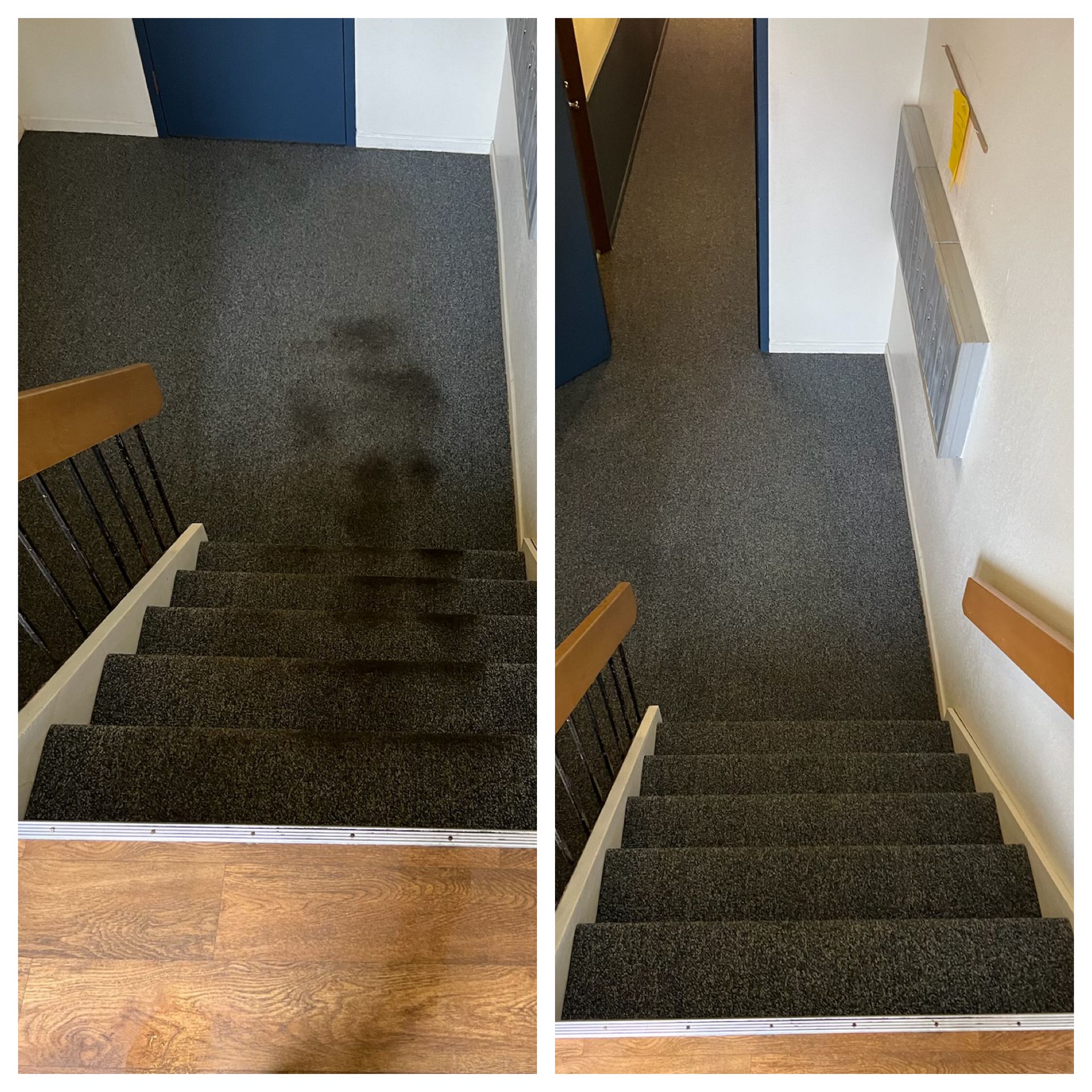 A before and after photo of a carpeted staircase