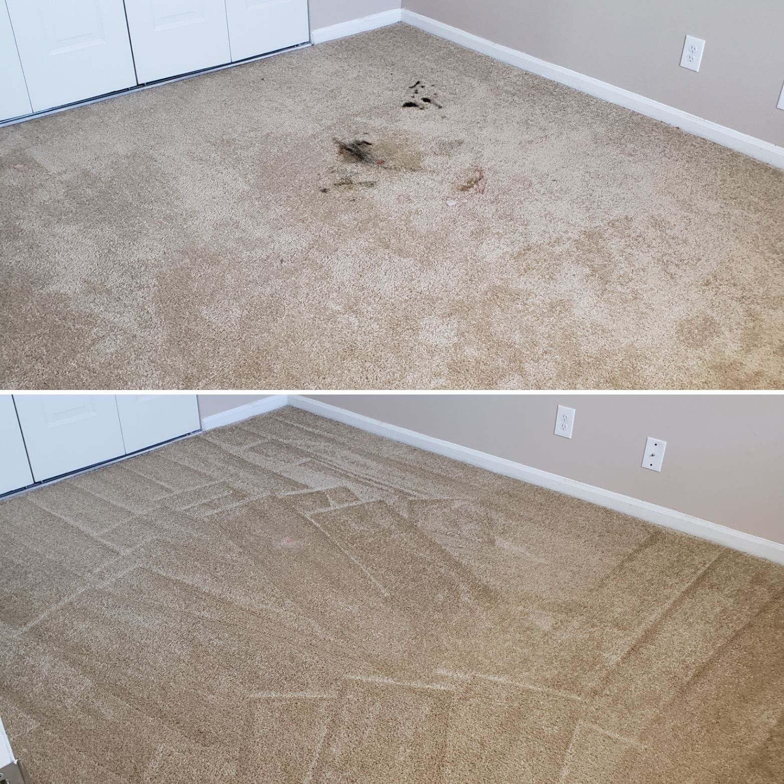 A before and after picture of a carpet in a room.